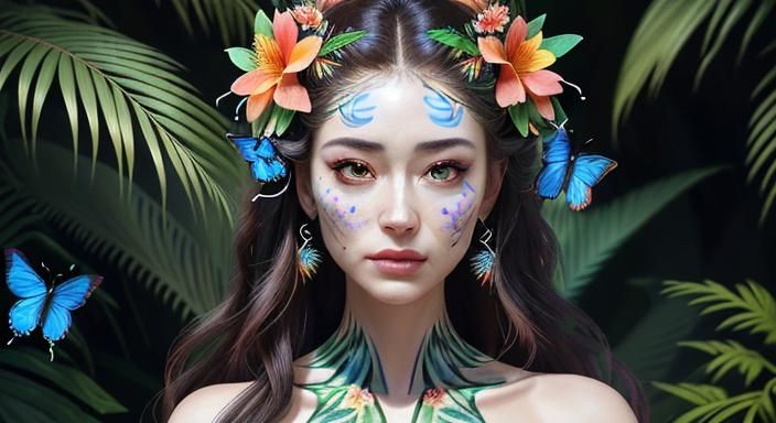 Hyperrealistic Woman Portrait with Flowers and Butterflies
