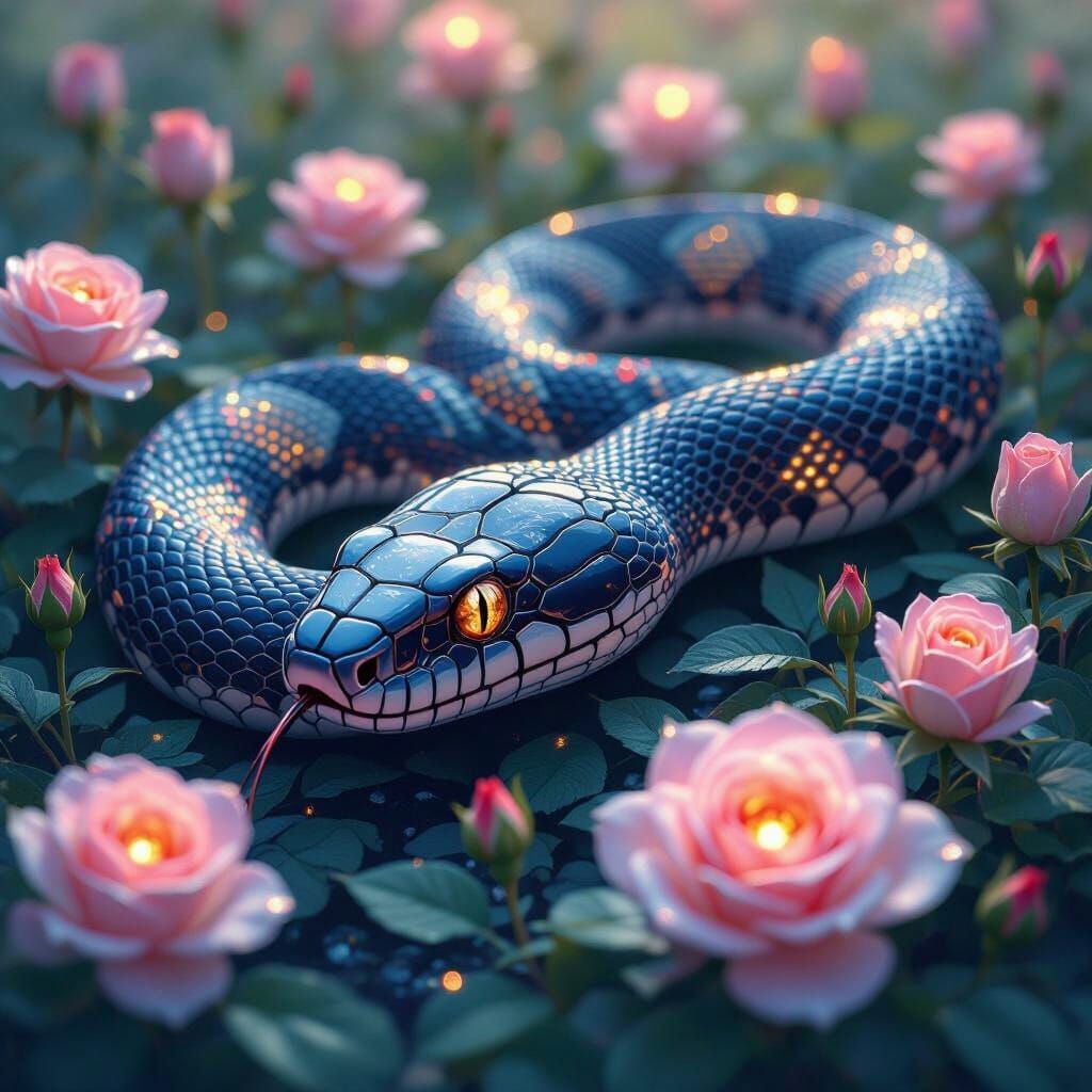 Clockwork Snake Slithers Through Luminous Roses, Impasto Oil