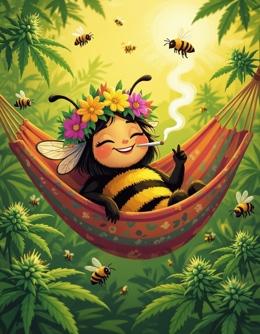 Bumble Bee Queen Relaxes, Smoking in a Hammock