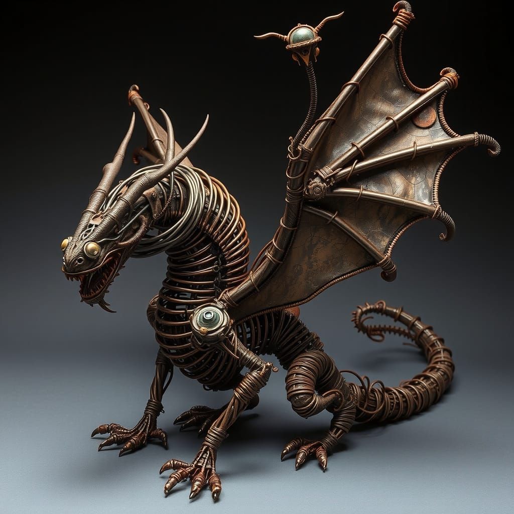 Intricate Wire Dragon Sculpture in Industrial Fantasy Style