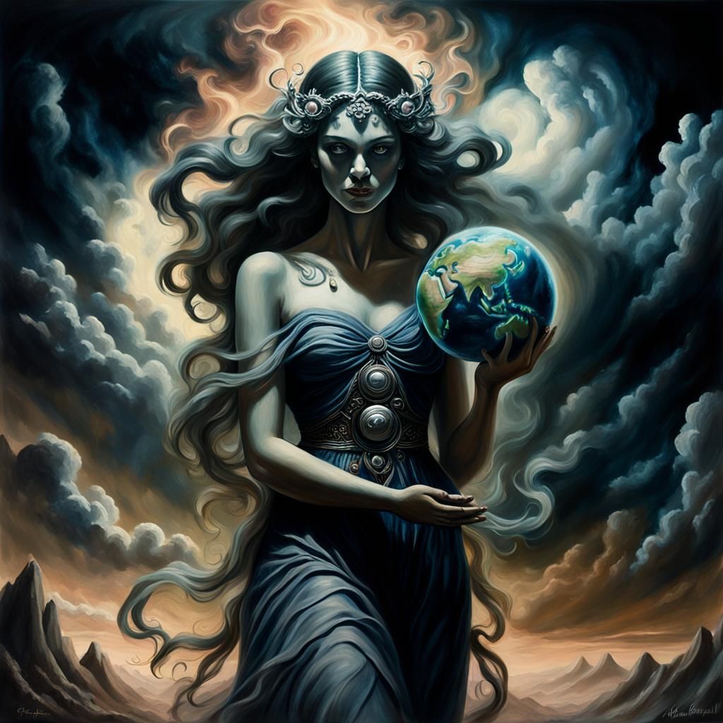 An oil painting featuring a beautiful ethereal goddess with ...