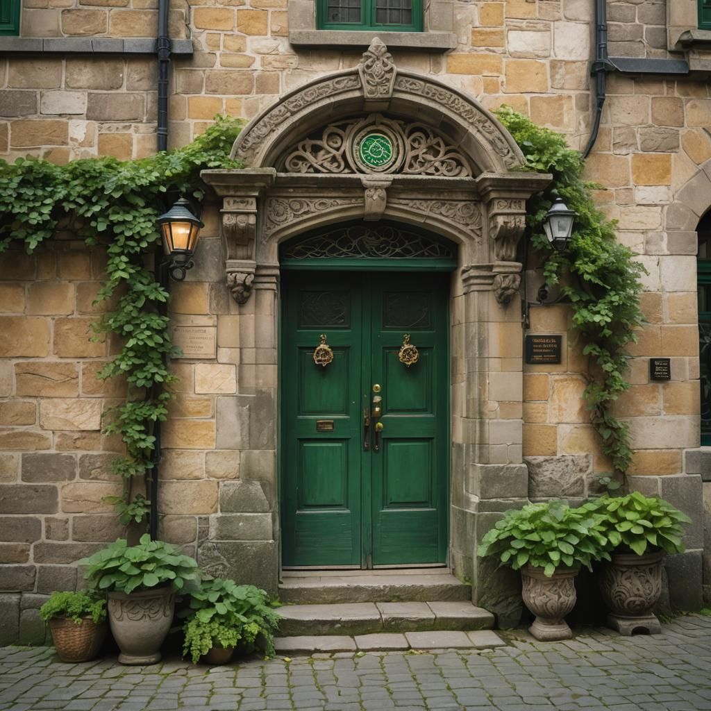 Irish Street with Green Door in Impasto Style