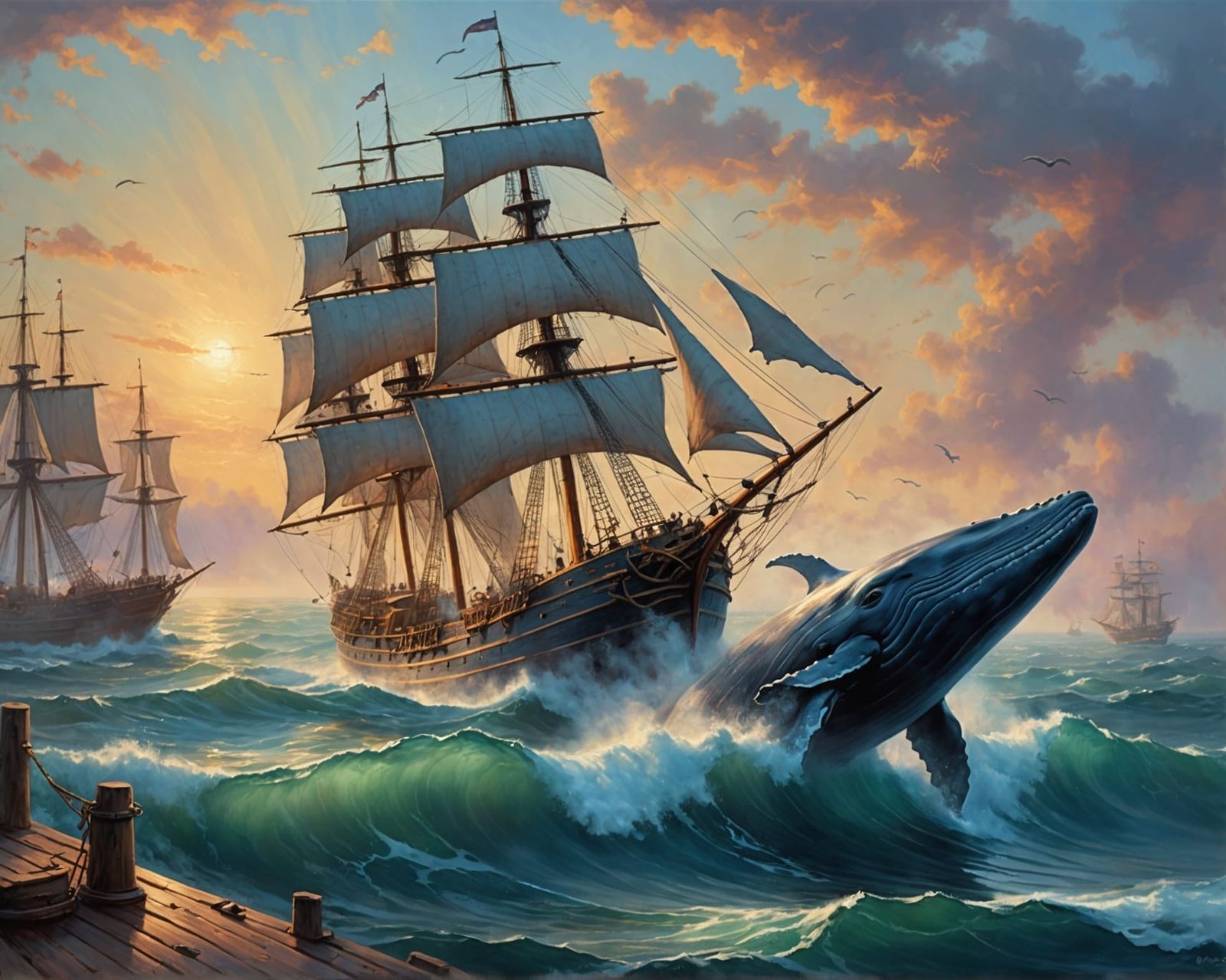 Whale Breaching Near Sailship: Oil Painting