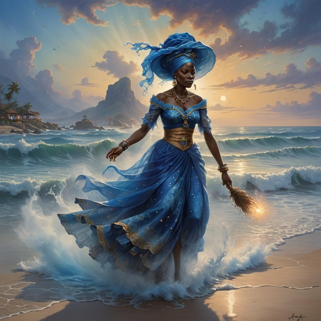 Ethereal African Water Witch on Misty Beach
