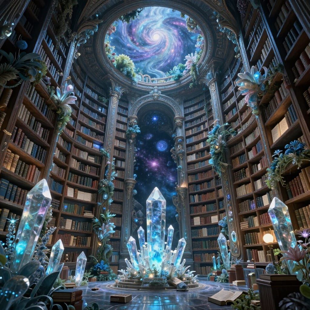 Ancient Crystal Library with Celestial Flora and Nebula