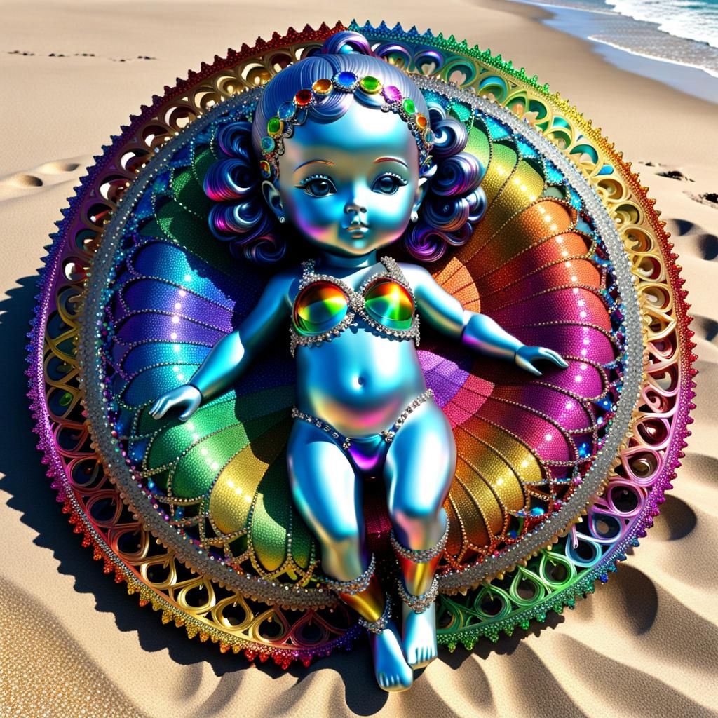 Rainbow Metallic Baby Sculpture on Beach