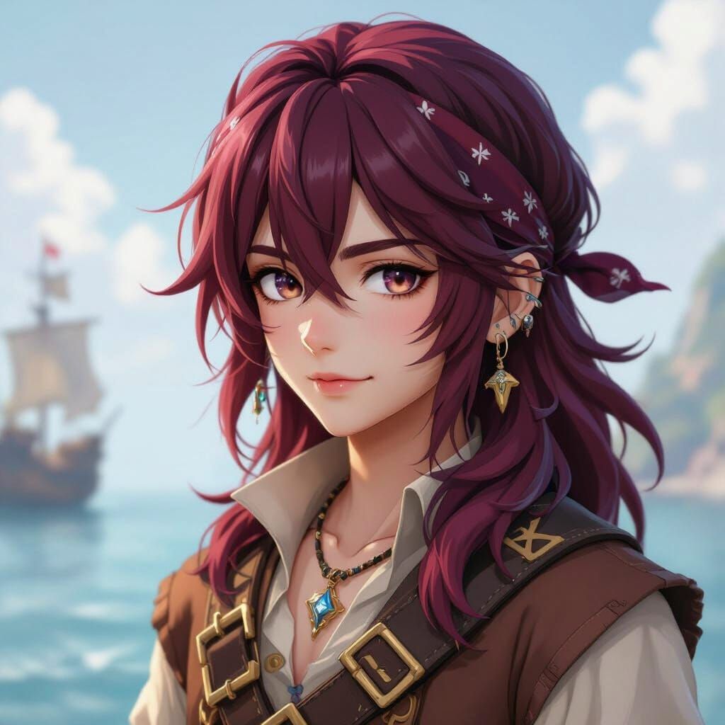 Anime Style Pirate with Amaranth Hair: Digital Art