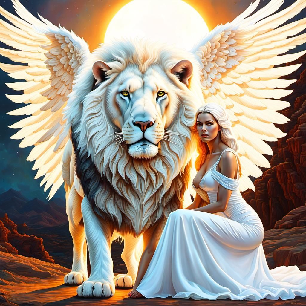 Winged Lion and Albino Woman in Psychedelic Art