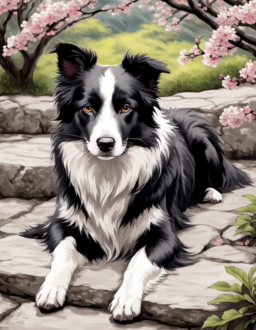 Border Collie in Chinese Ink Brush Style
