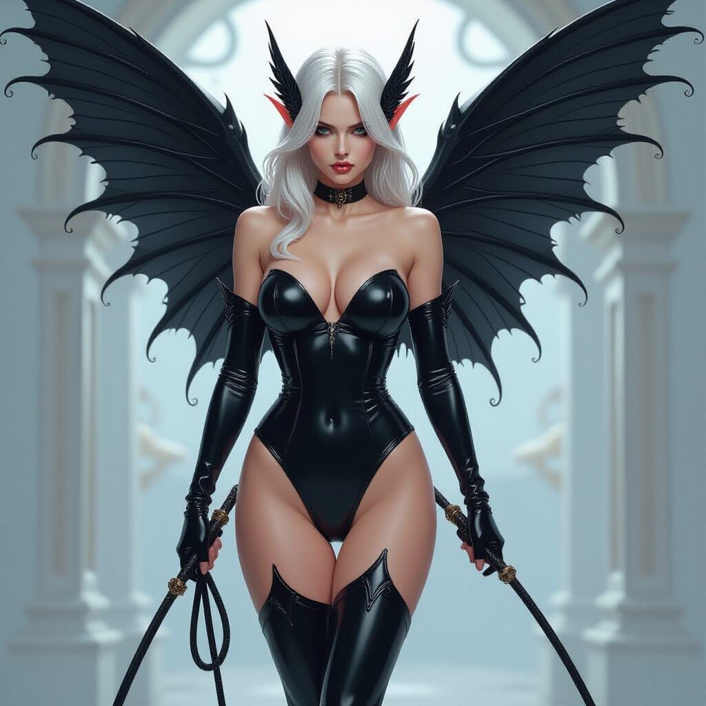 Angry Fairy Woman with Black Wings Holding Whip