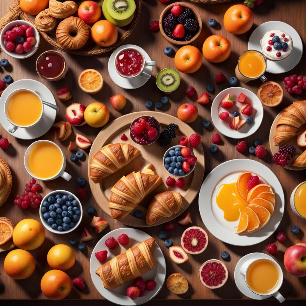 Hyperrealistic Breakfast Table with Fruit and Pastries
