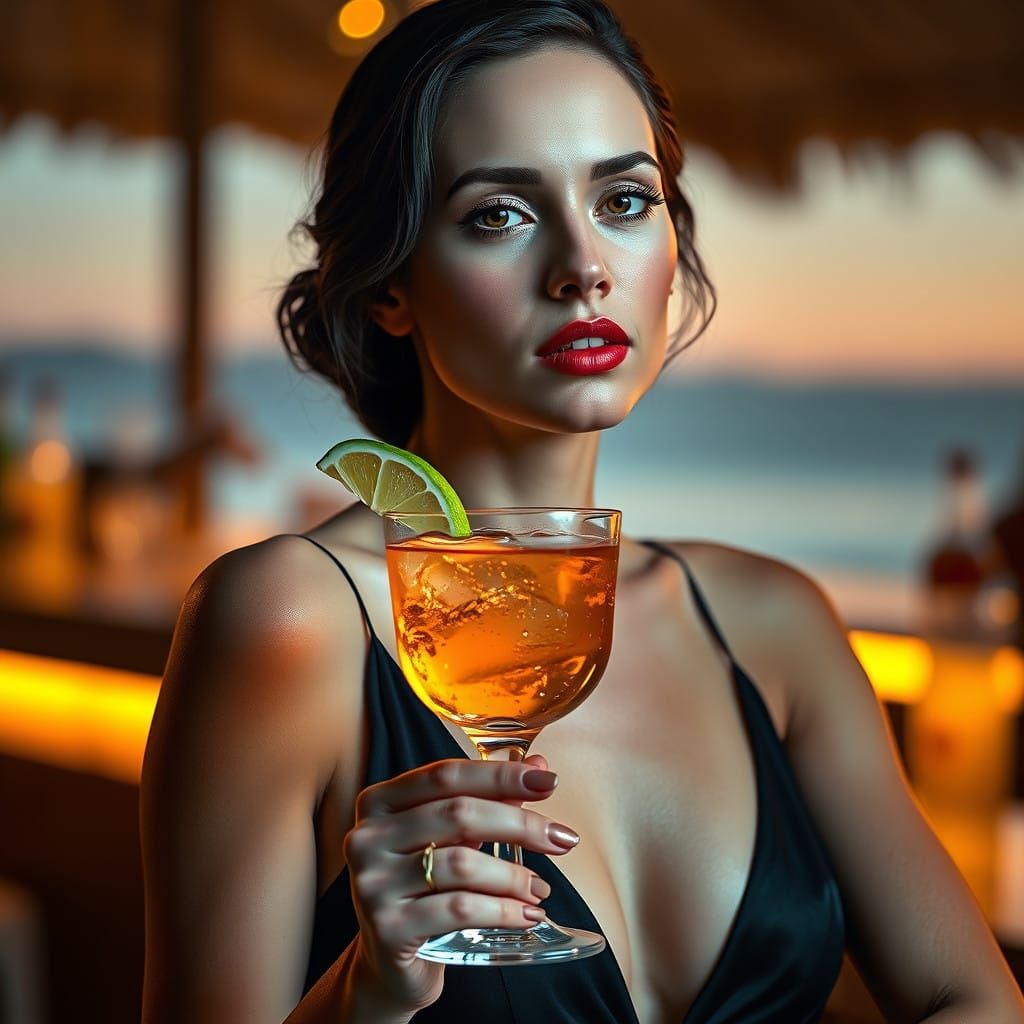 Sophisticated Eva Green in Luxury Beach Bar Setting, Holding...