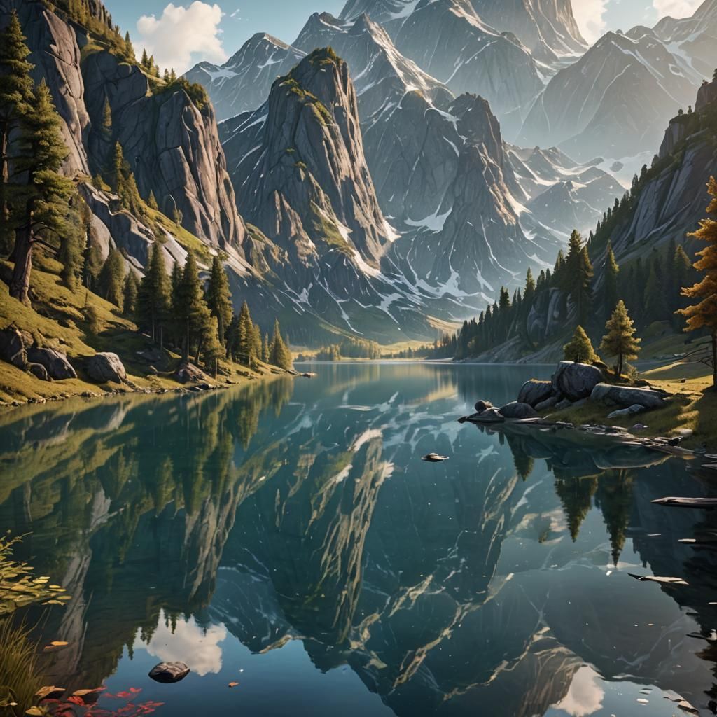 Hyperrealistic Lake and Mountain Reflection in Matte Paintin...