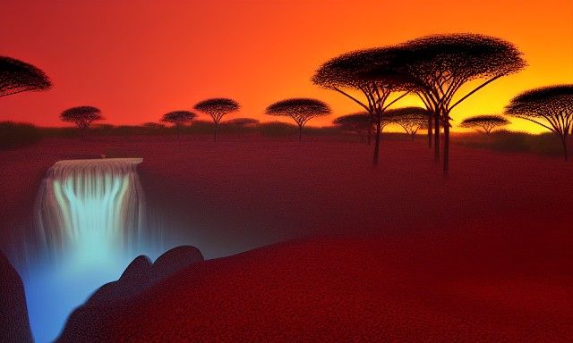 African Sunset Waterfall with Baobab Trees