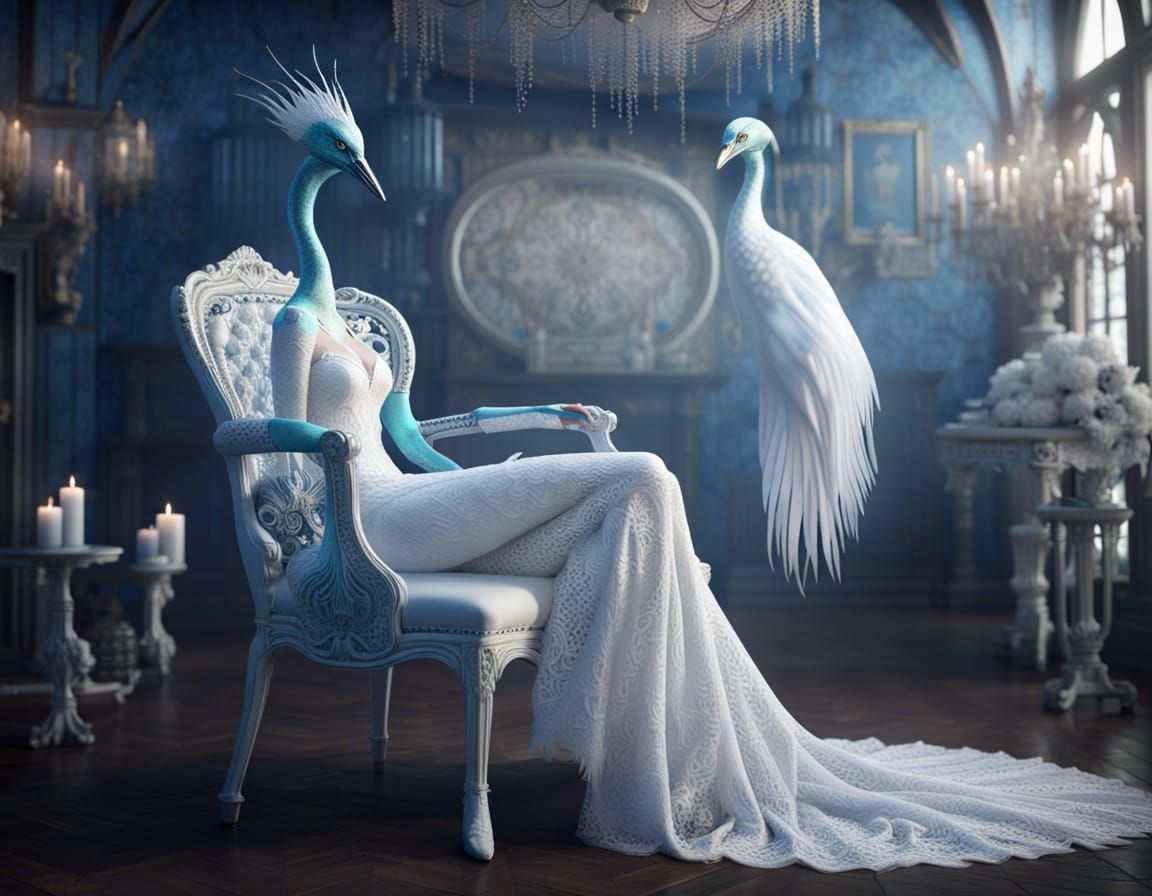 Lace Crane: Art Deco Digital Art in Orange and Teal