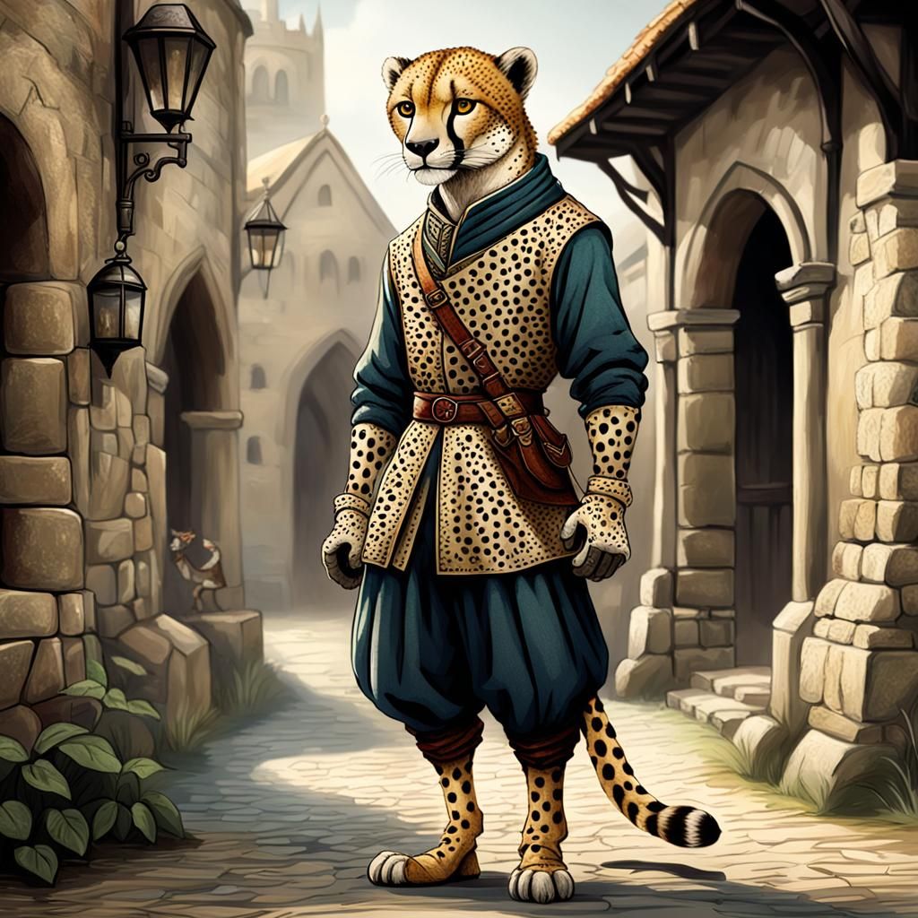 anthropomorphic male cheeta with medieval pants