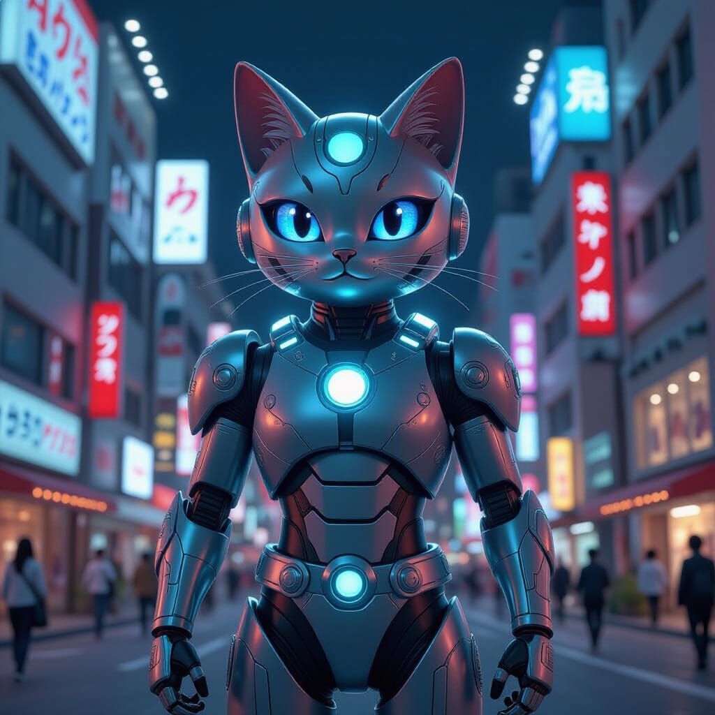 Futuristic Robotic Cat Superhero in Tokyo