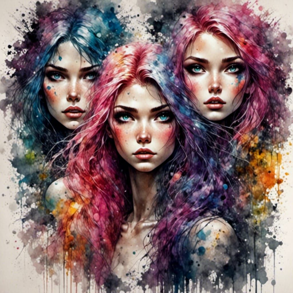 Rainbow Haired Trio in Anime Impressionistic Style