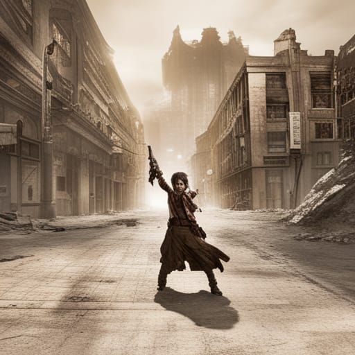 Steampunk Warrior Versus Zombies in Dark City