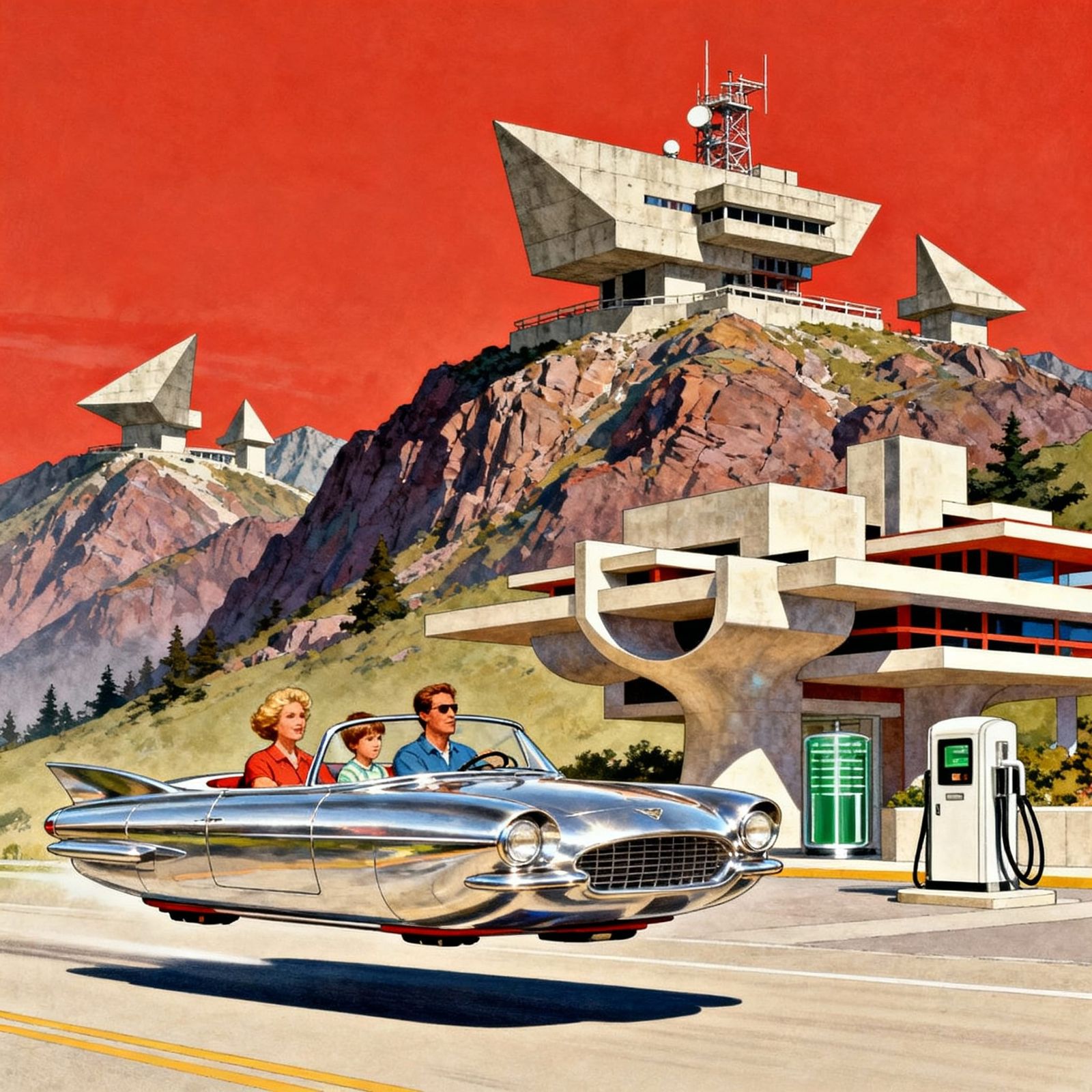 Retrofuturist Family Road Trip in Hover Car
