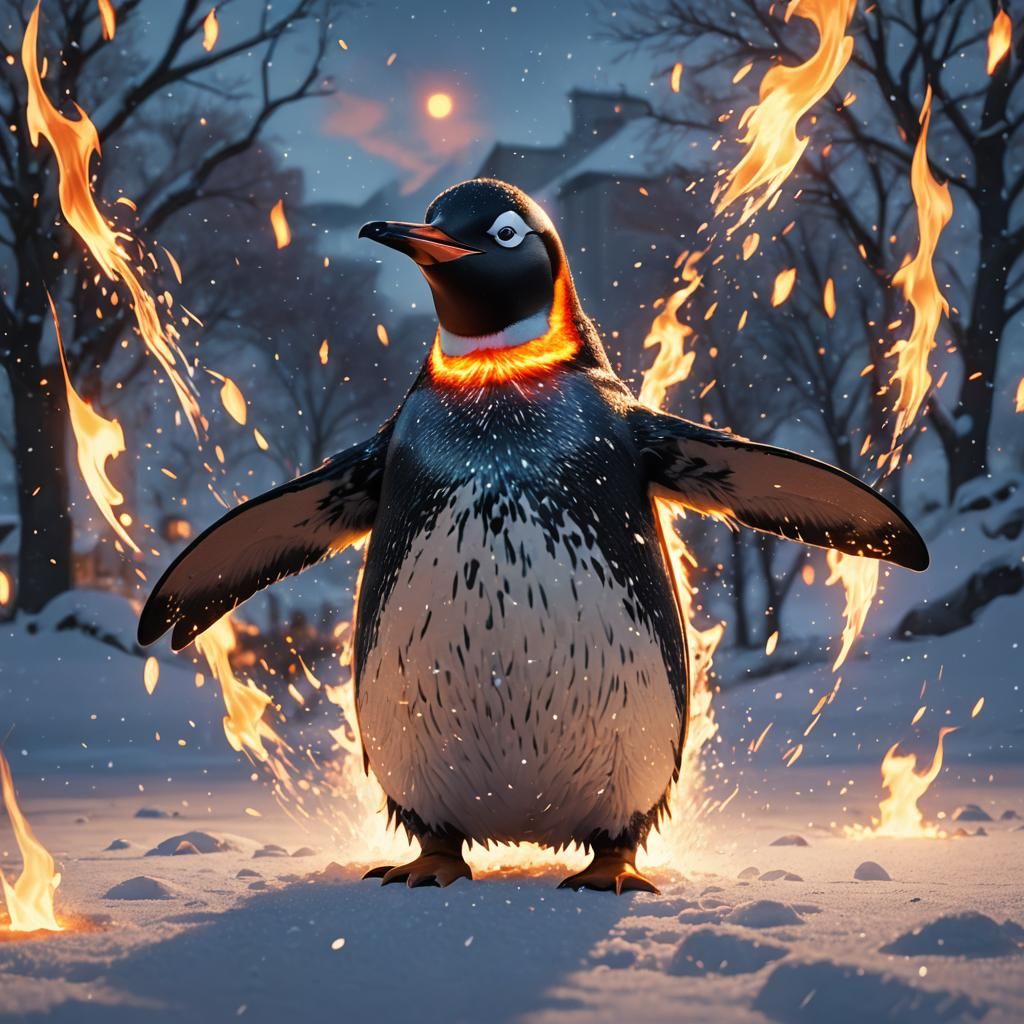 Heroic Penguin Ablaze in Snowy Anime Landscape