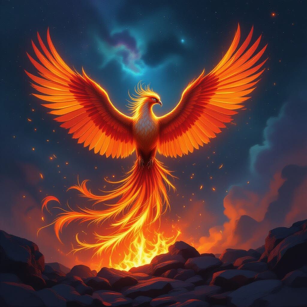 Majestic Phoenix Rises from Embers in Celestial Nebula
