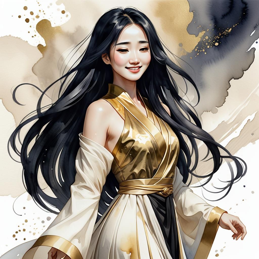 Asian Woman in Gold Dress: Watercolor Illustration