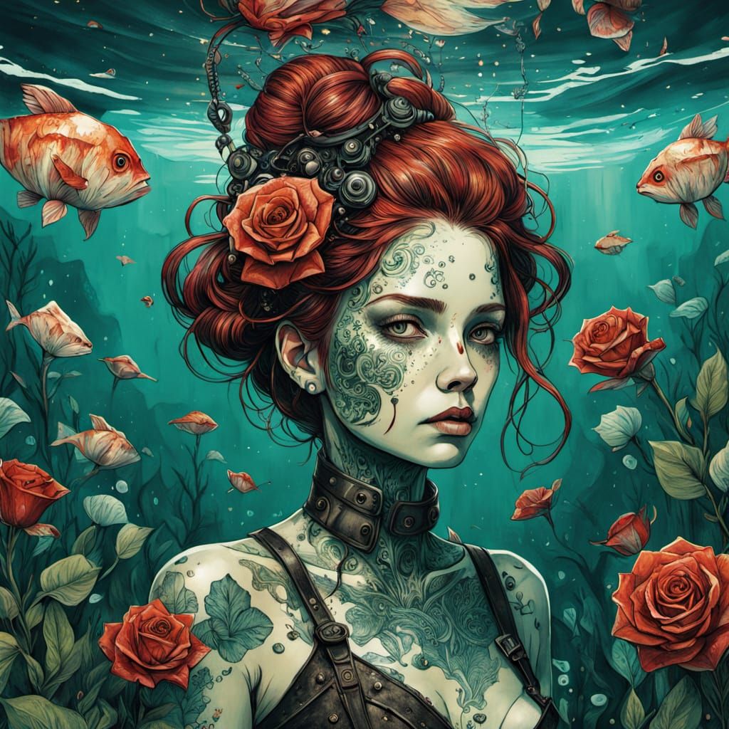 Steampunk Biomechanical Woman with Rose Tattoos
