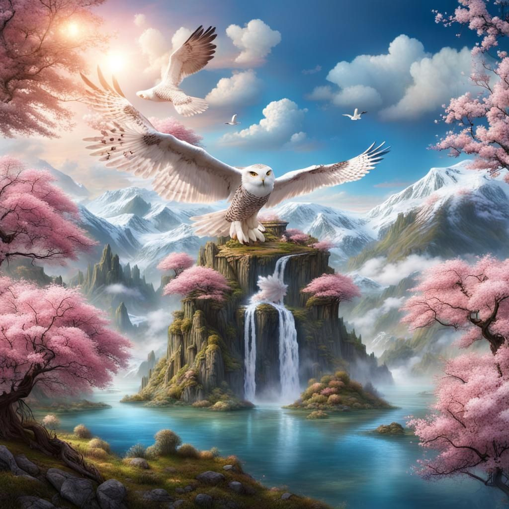 Floating Islands with Cherry Trees and Waterfalls