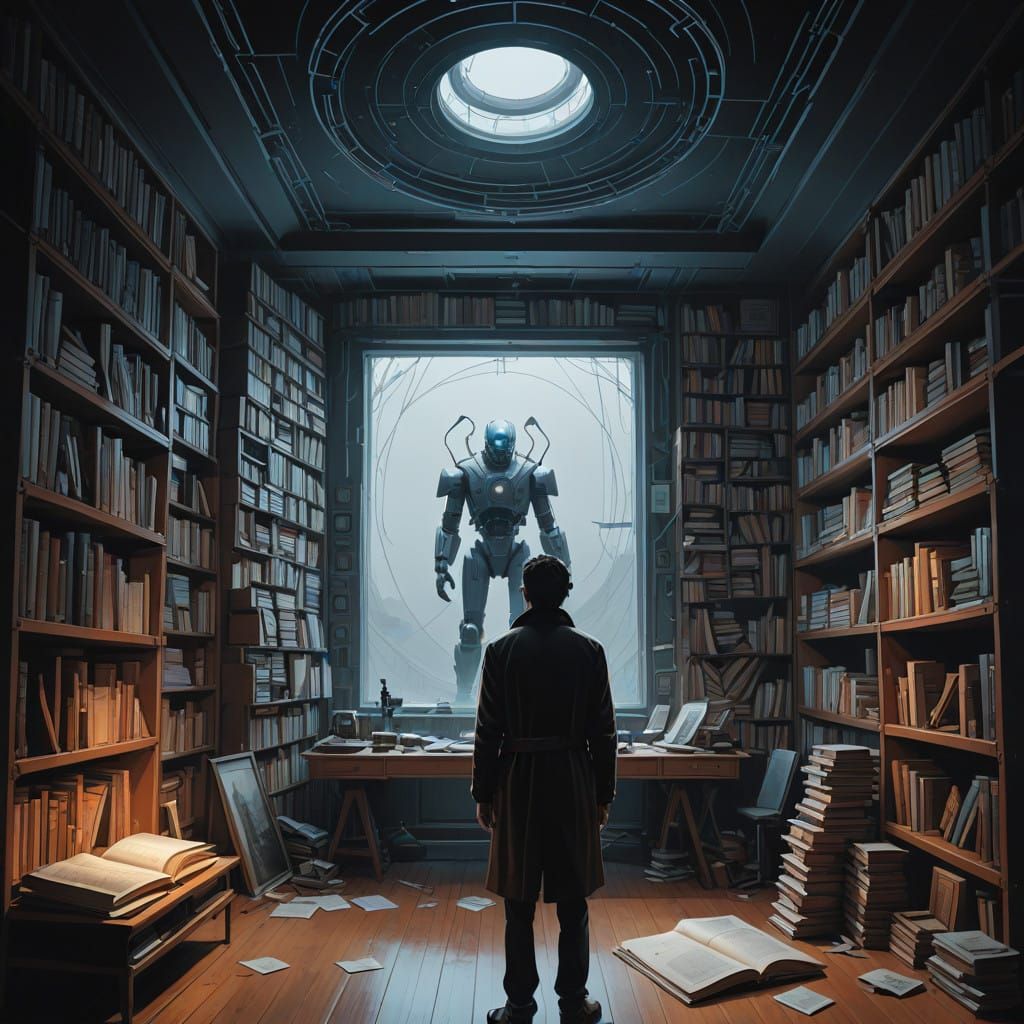 Young Man Lost in Thought Among Floating Books and Labyrinth...