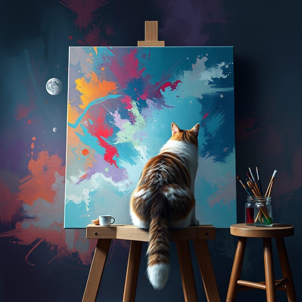 Cat Creates Abstract Art: Detailed Digital Painting