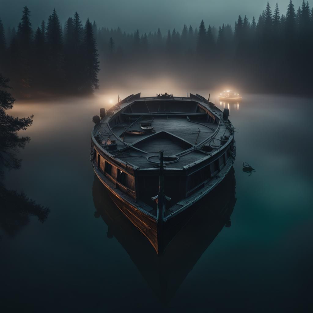 Eerie Night: Empty Boat on Vast Lake