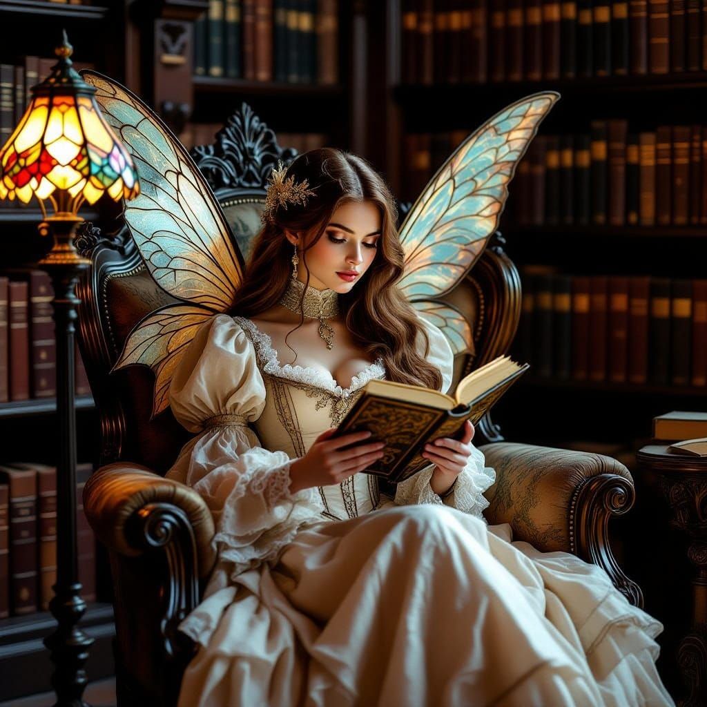 Victorian Fairy Reading in Gothic Revival Library