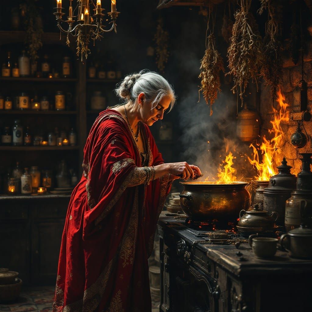 Ancient Roman Herbalist in Lavish Tunic Stirs Cauldron