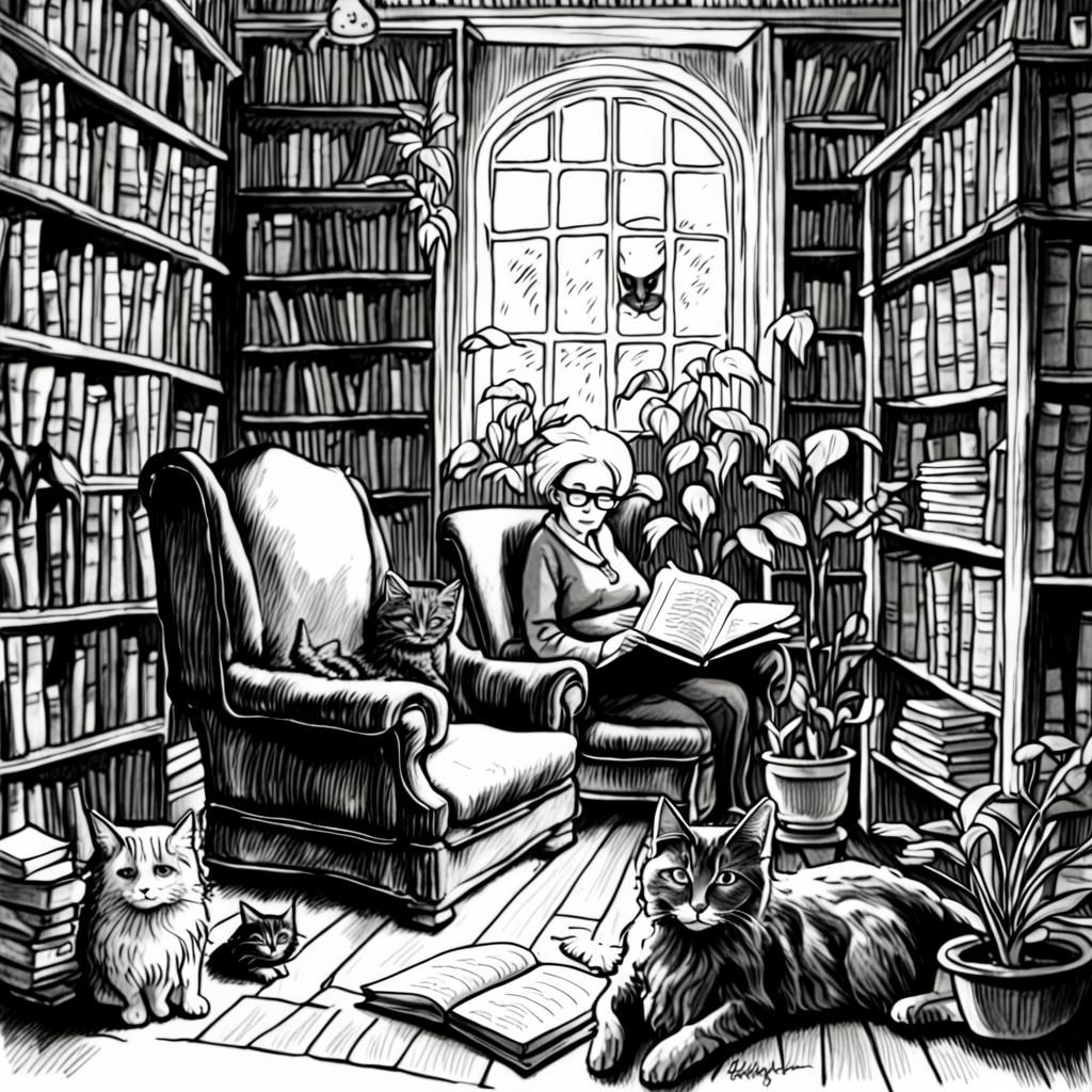 Cozy Old Library Scene with Cats, Pencil Drawing