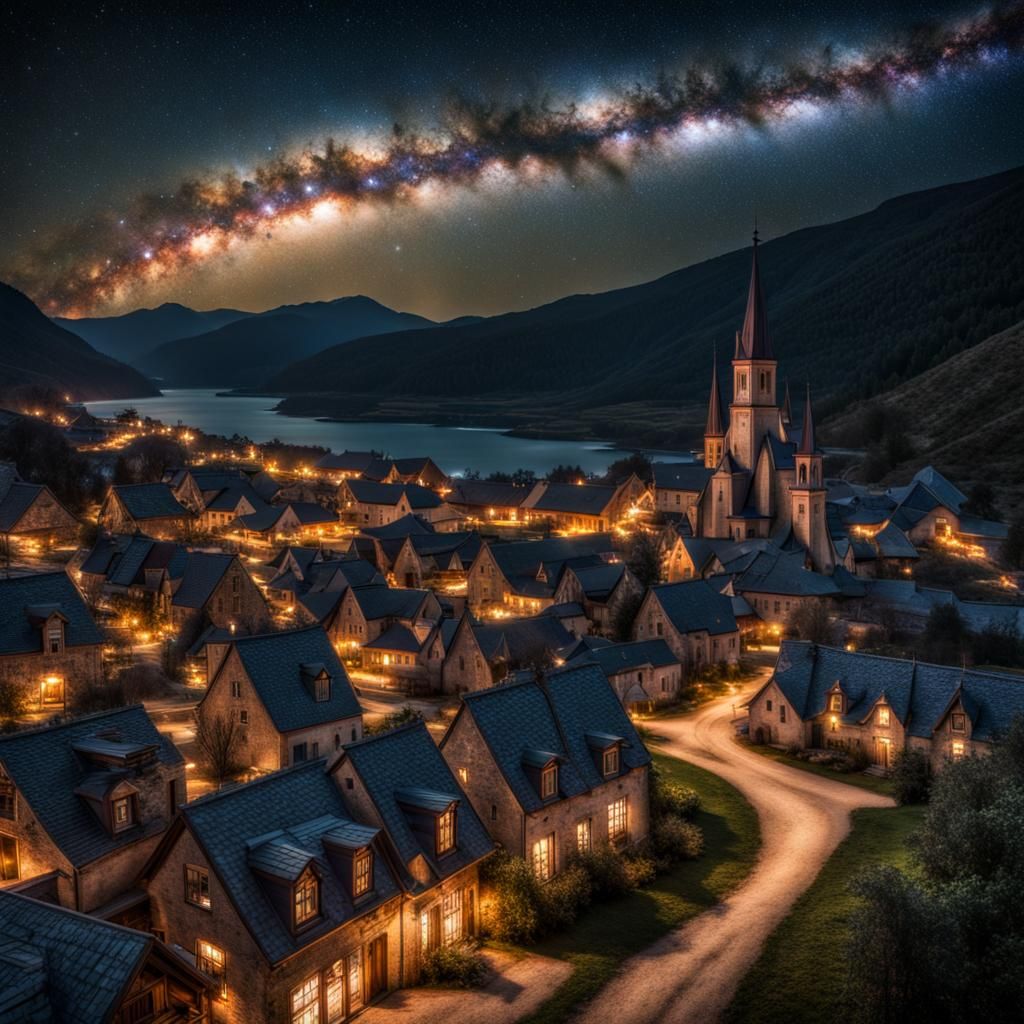 Magical Town Under the Milky Way at Night
