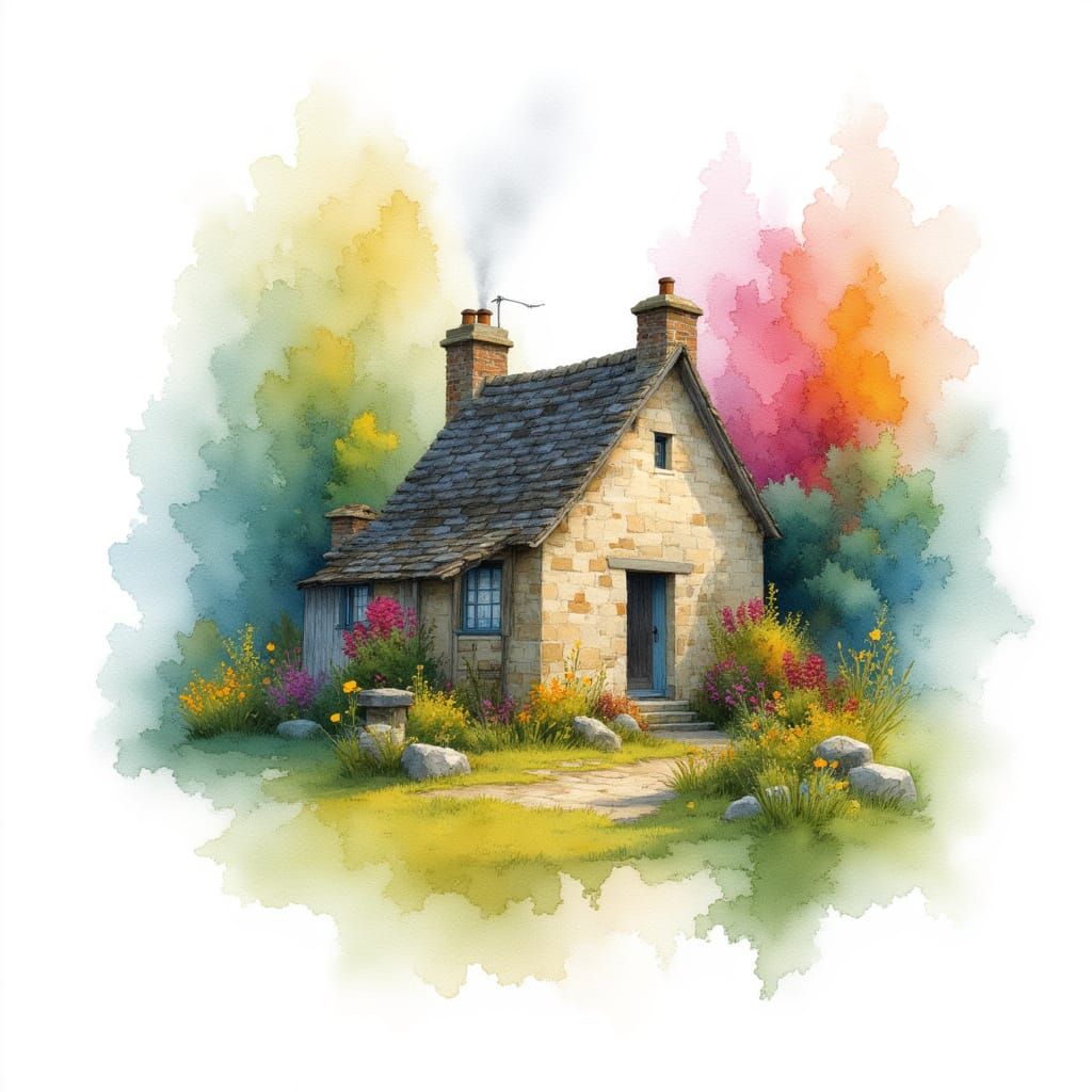 Cozy Stone Cottage in Expressive Watercolor Style
