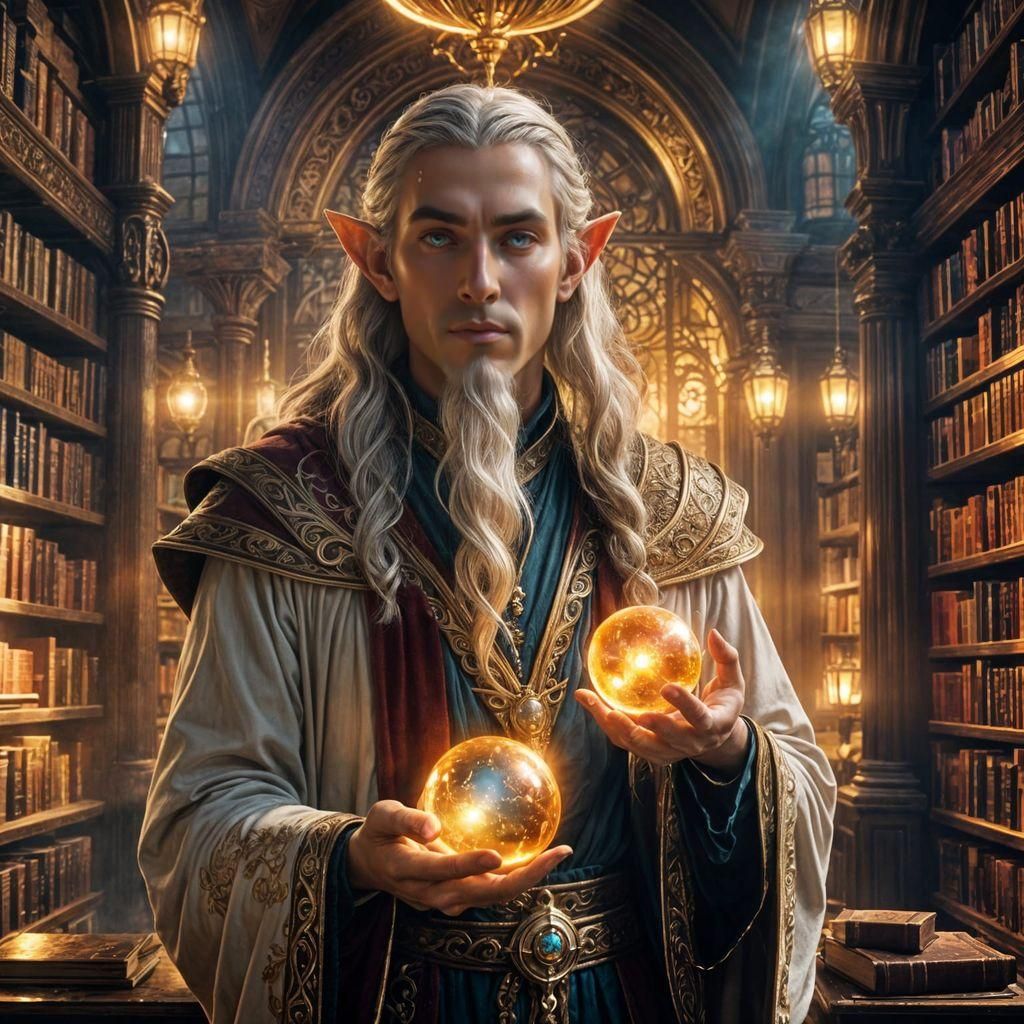 Elven Wizard with Magic Orb in Art Nouveau Style