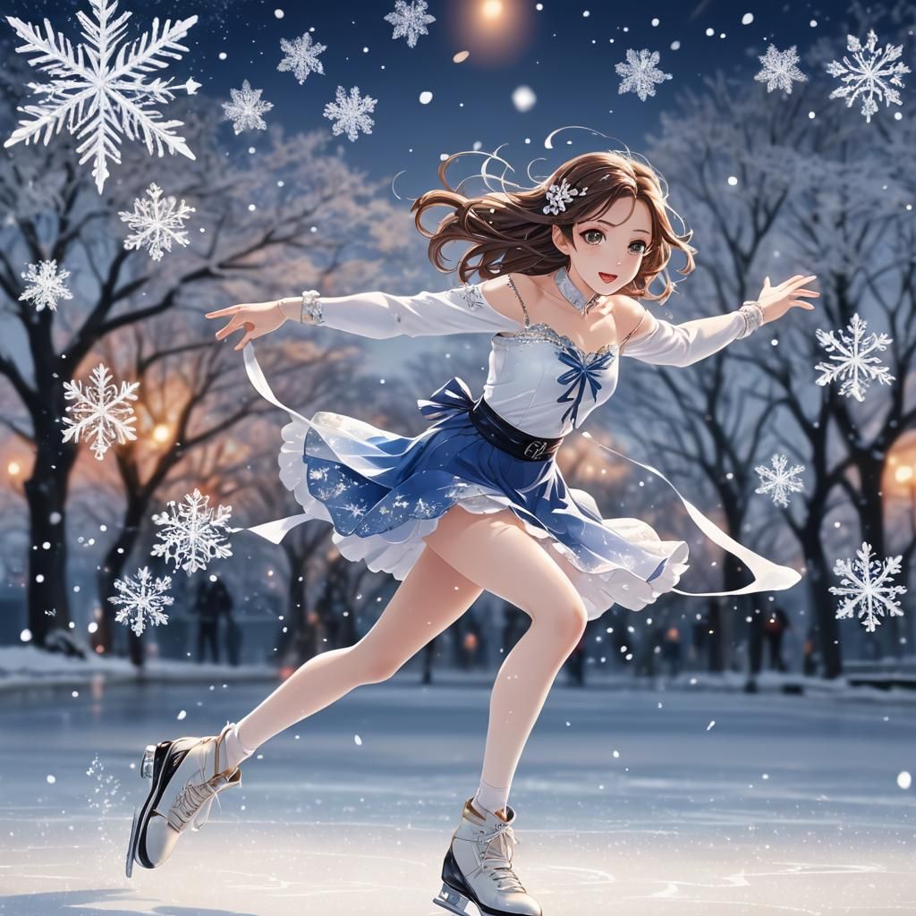 Anime Girl Figure Skating on Icy Stage