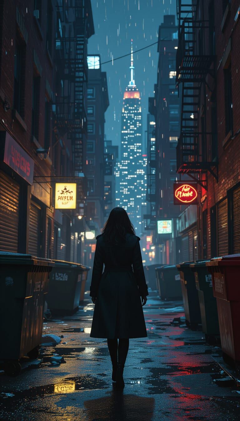 Woman Walks in Dimly Lit Back Alley in Digital Matte Paintin...