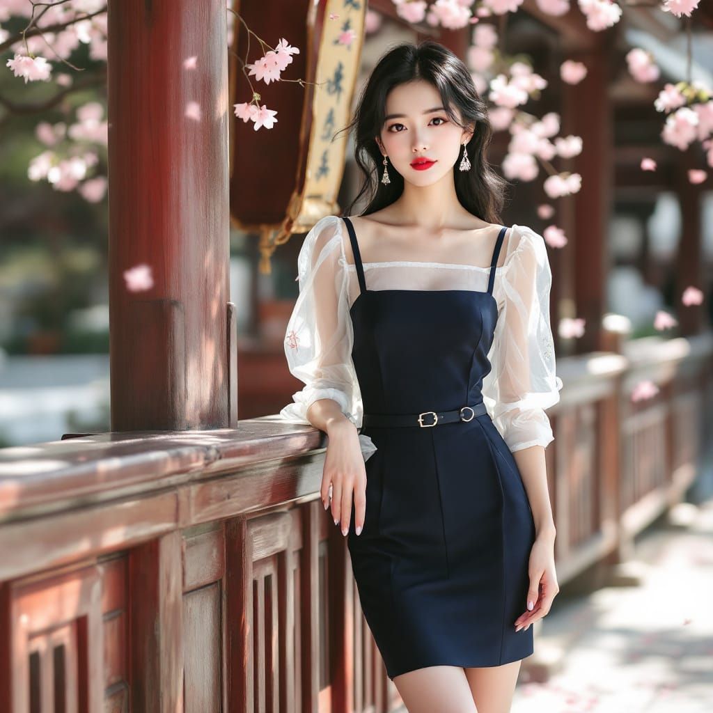 Japanese Woman in Spring Shrine Courtyard