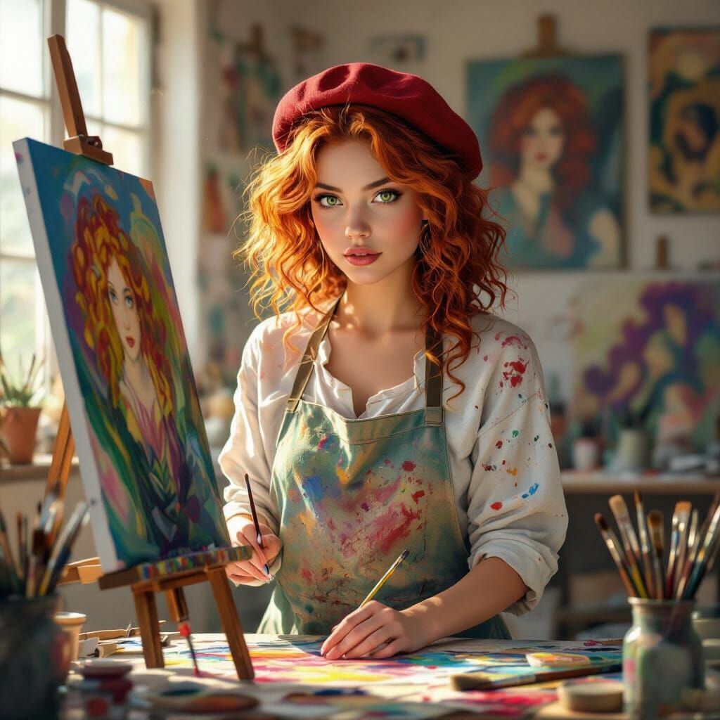 Hyperrealistic Young Artist in Whimsical Studio