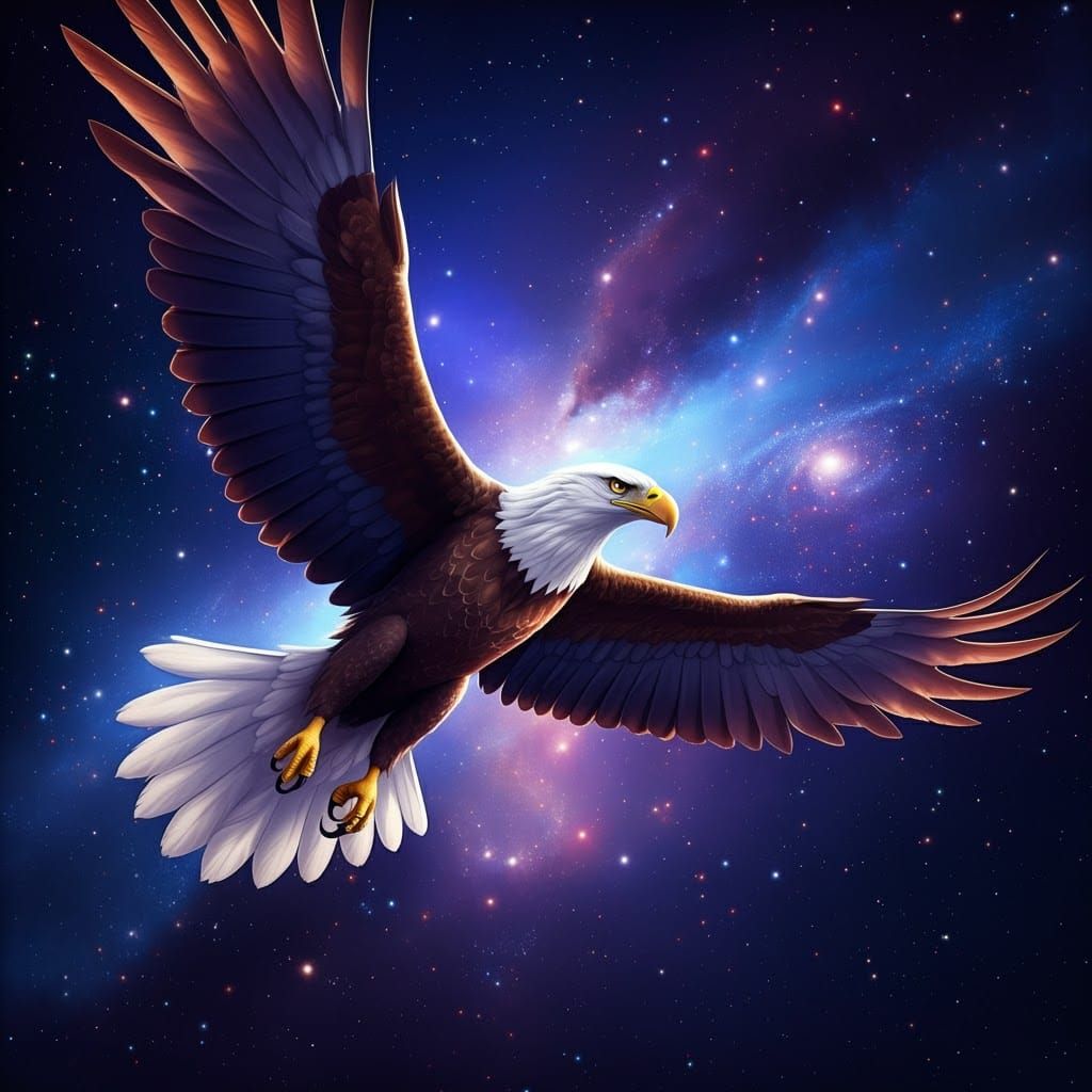 Eagle Soaring Through Cosmos in 3D Anime Style