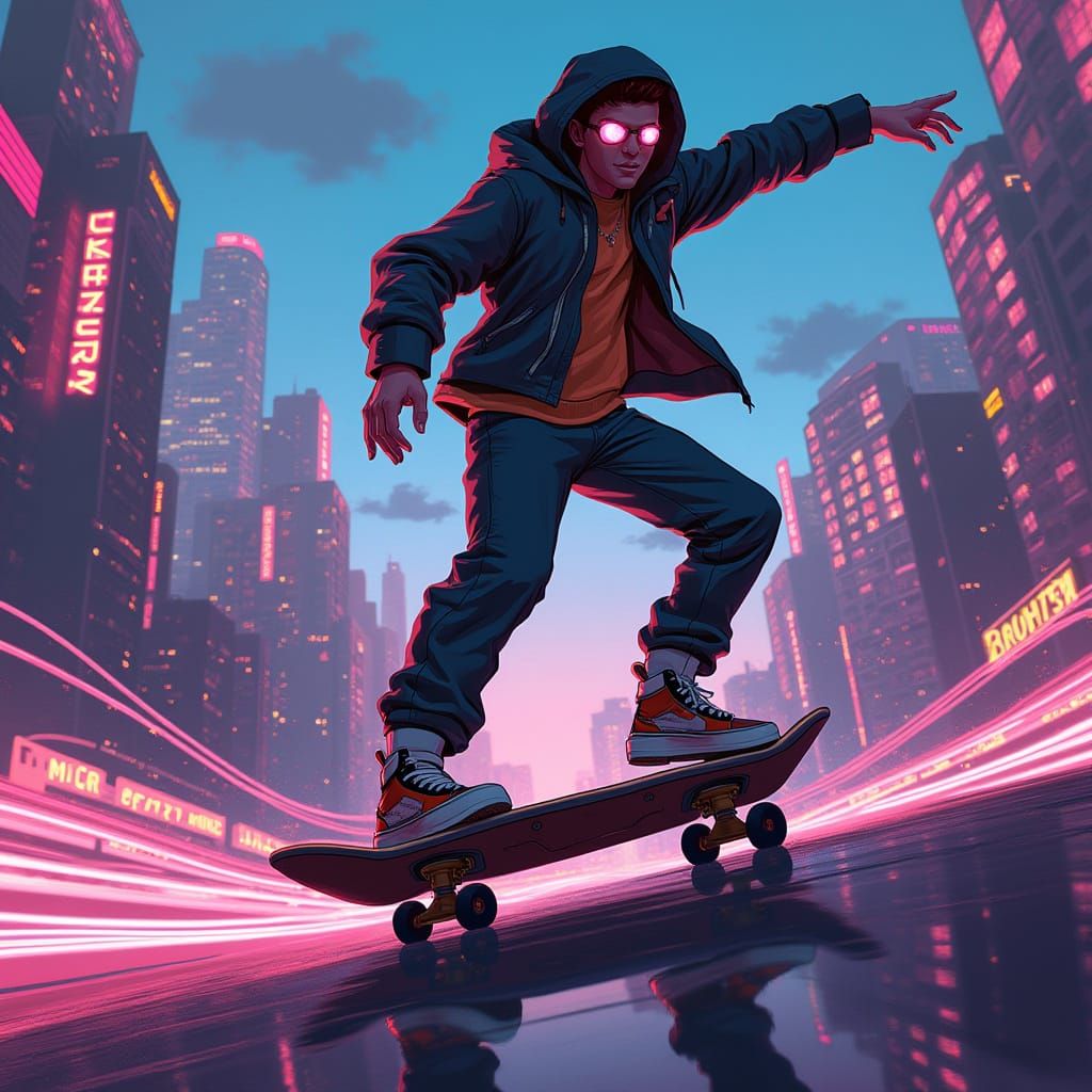 Futuristic Skateboarder in Neon Cityscape