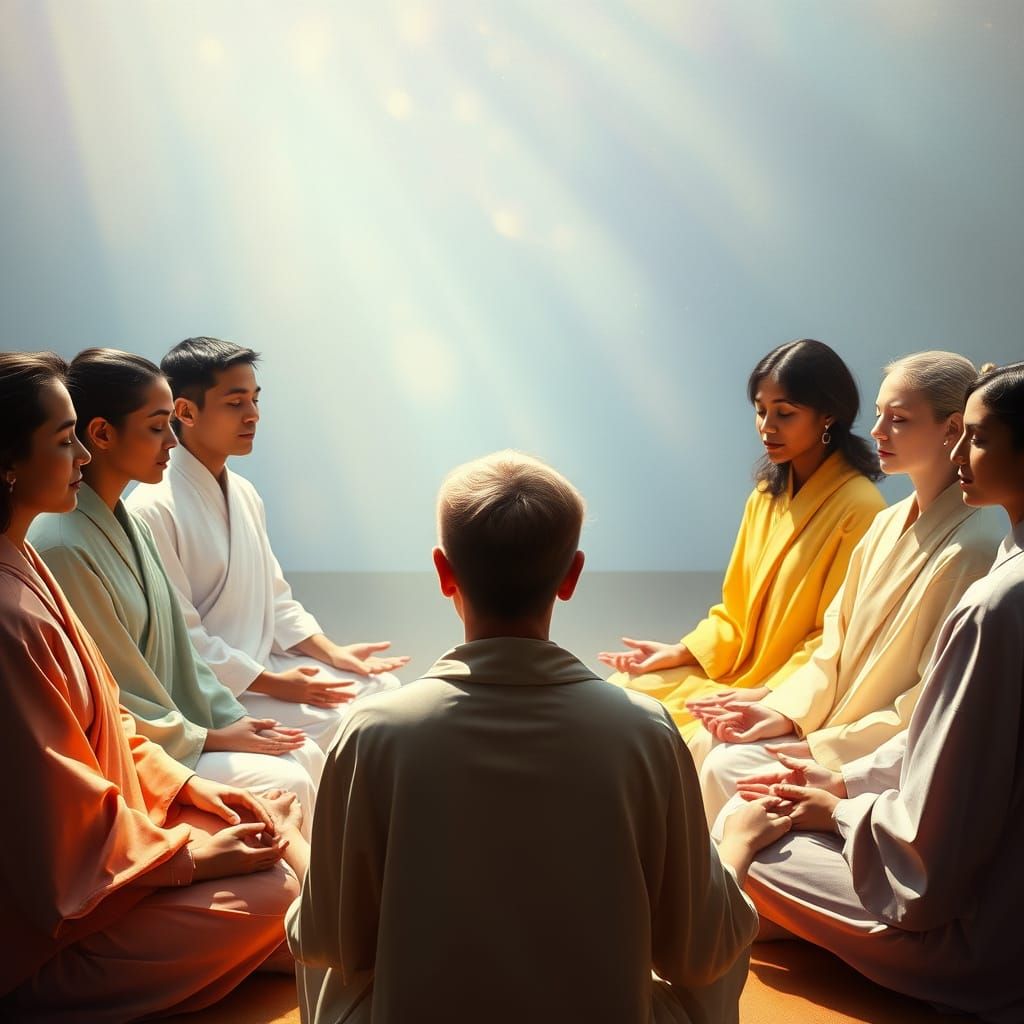 A group of human beings are meditating together to heal each...