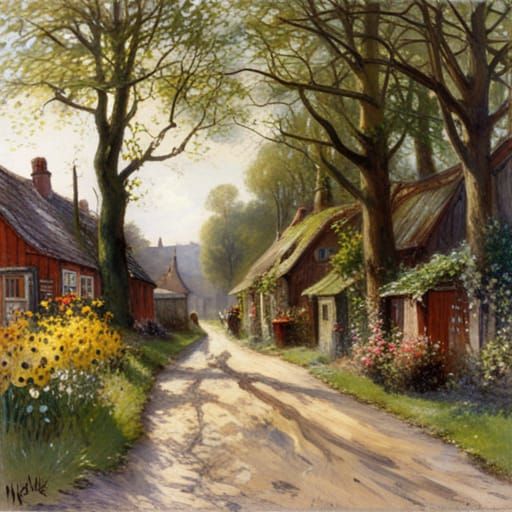 Idyllic Lakeside Landscape Painting