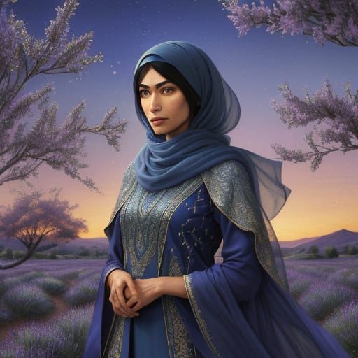 Twilight Orchard: North African Woman with Songbird