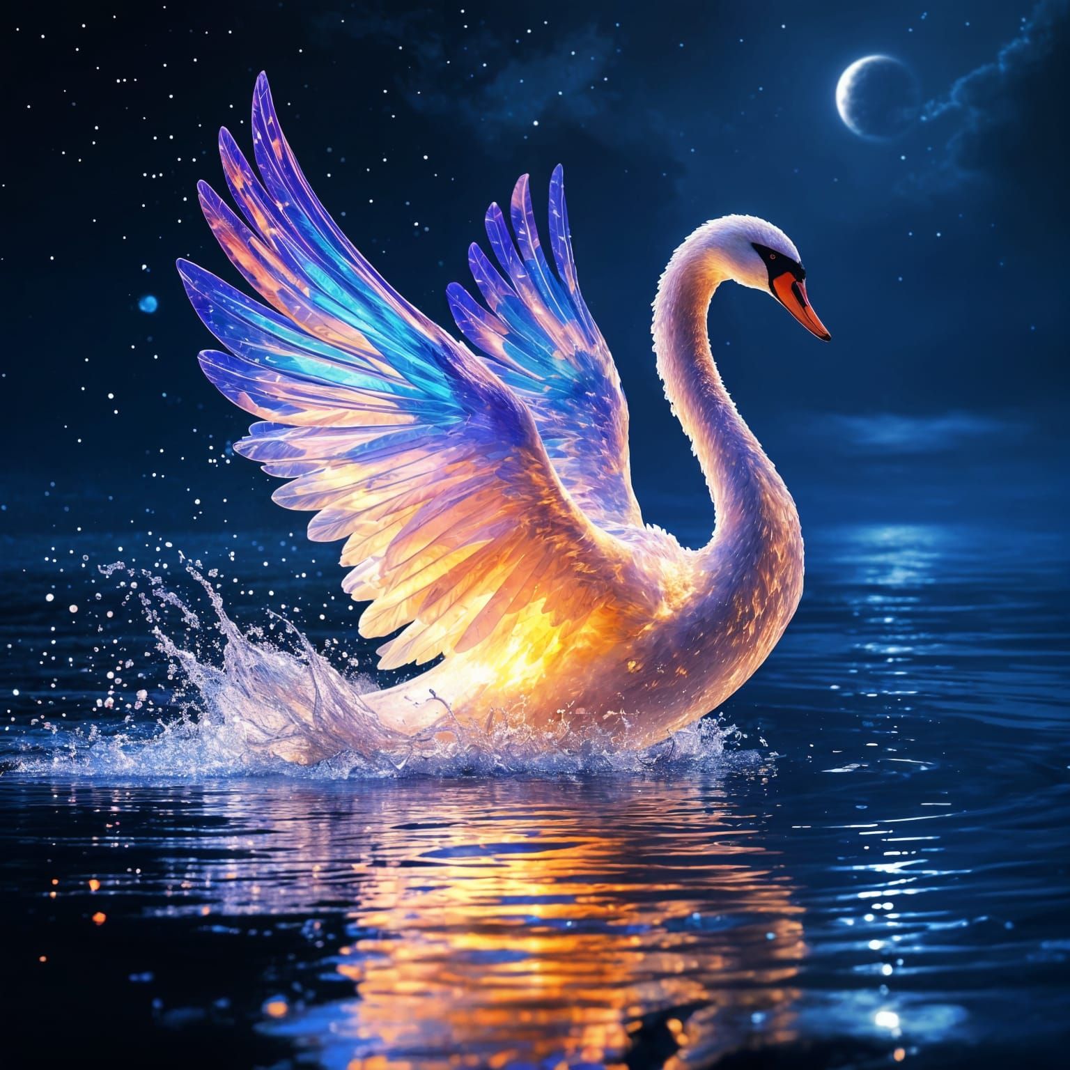 Swan in Flight: Neon Water and Starlight