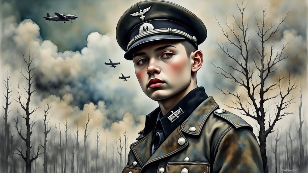 WWII German Officer in Foggy Landscape, Alcohol Ink Art