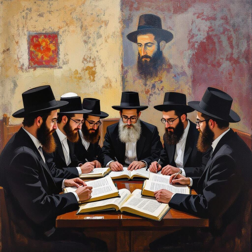 Yeshiva Students Studying in Synagogue, Earthy Tones